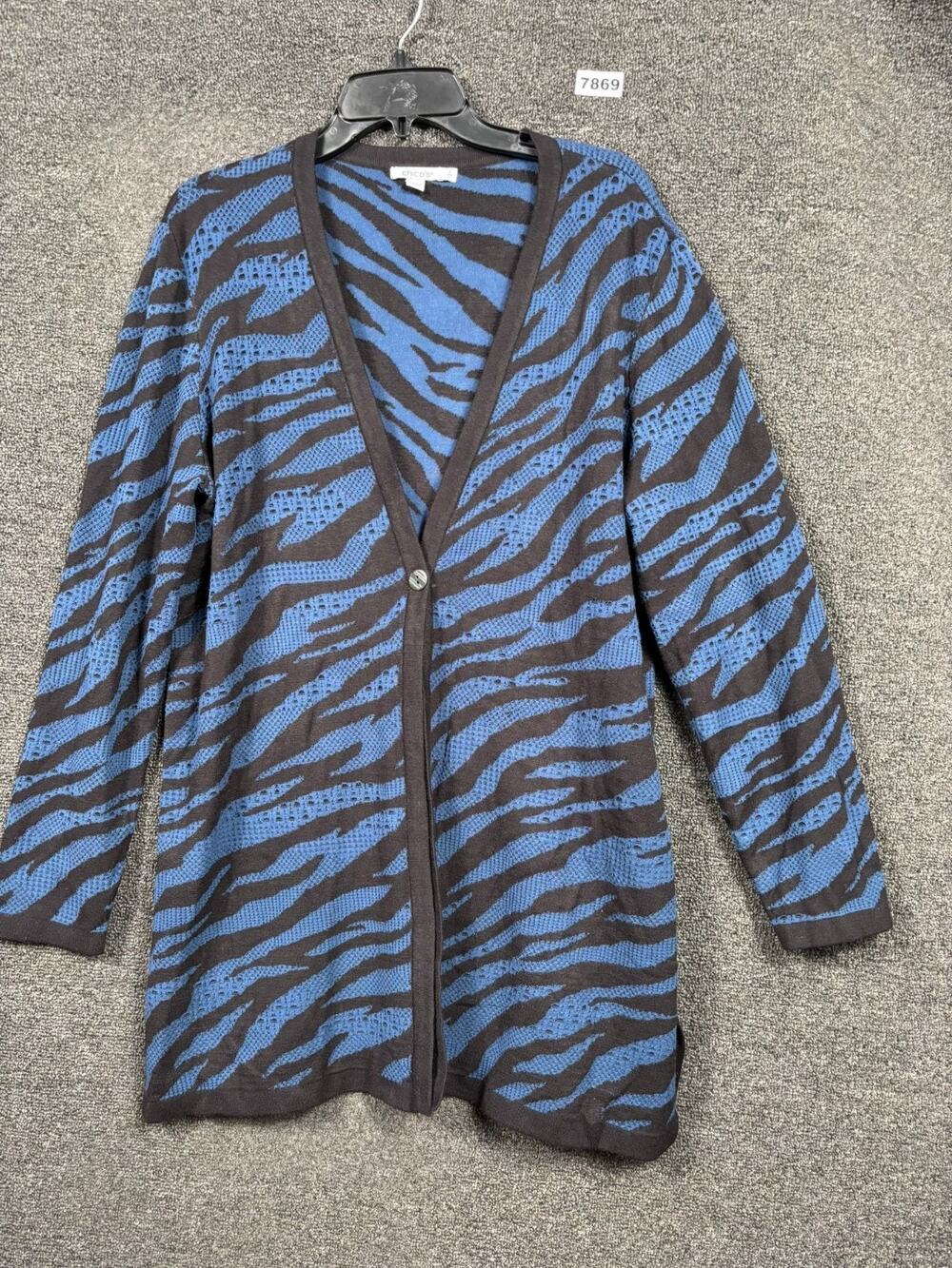 Chico's Double Knit Long Cardigan Sweater Womens Size 2 US L Navy Zebra Print